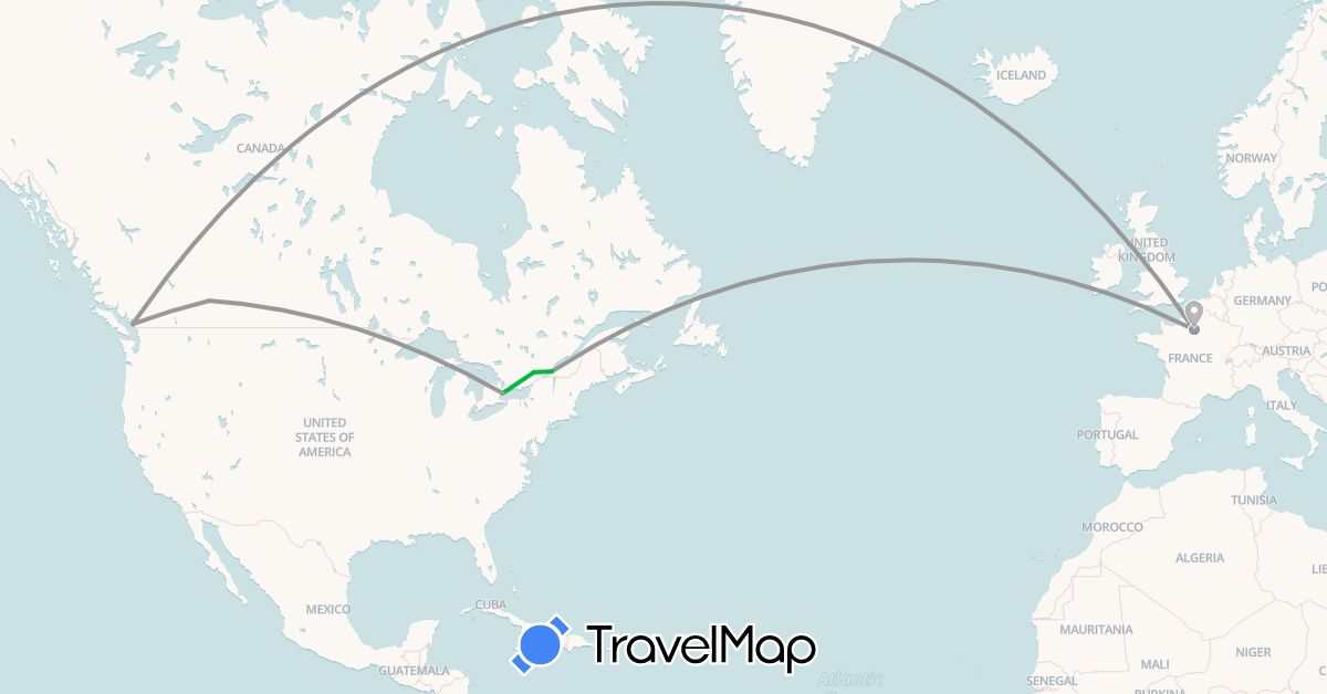 TravelMap itinerary: driving, bus, plane in Canada, France (Europe, North America)